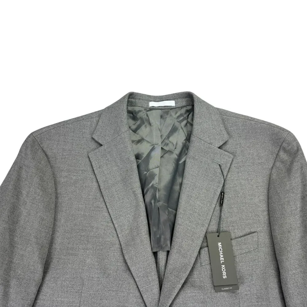 Michael Kors Mens Keates Classic Fit Herringbone Woven Sport Coat Light Gray 46R